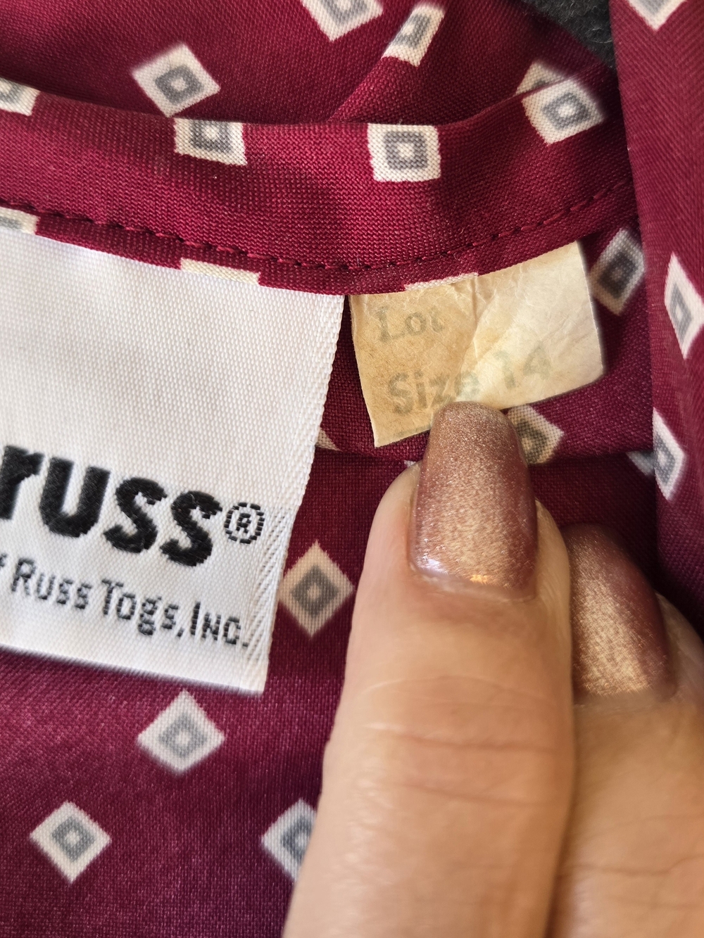 Vintage Russ Togs Diamond-Print Tie-Neck Blouse - Maroon - Picture 6 of 10